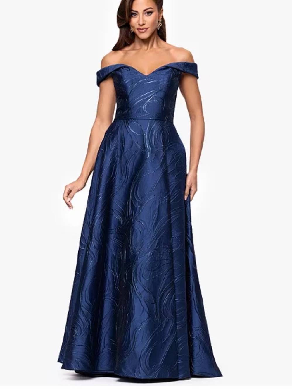 XSCAPE Women's Off-The-Shoulder Metallic Ball Gown size 14 navy NWT